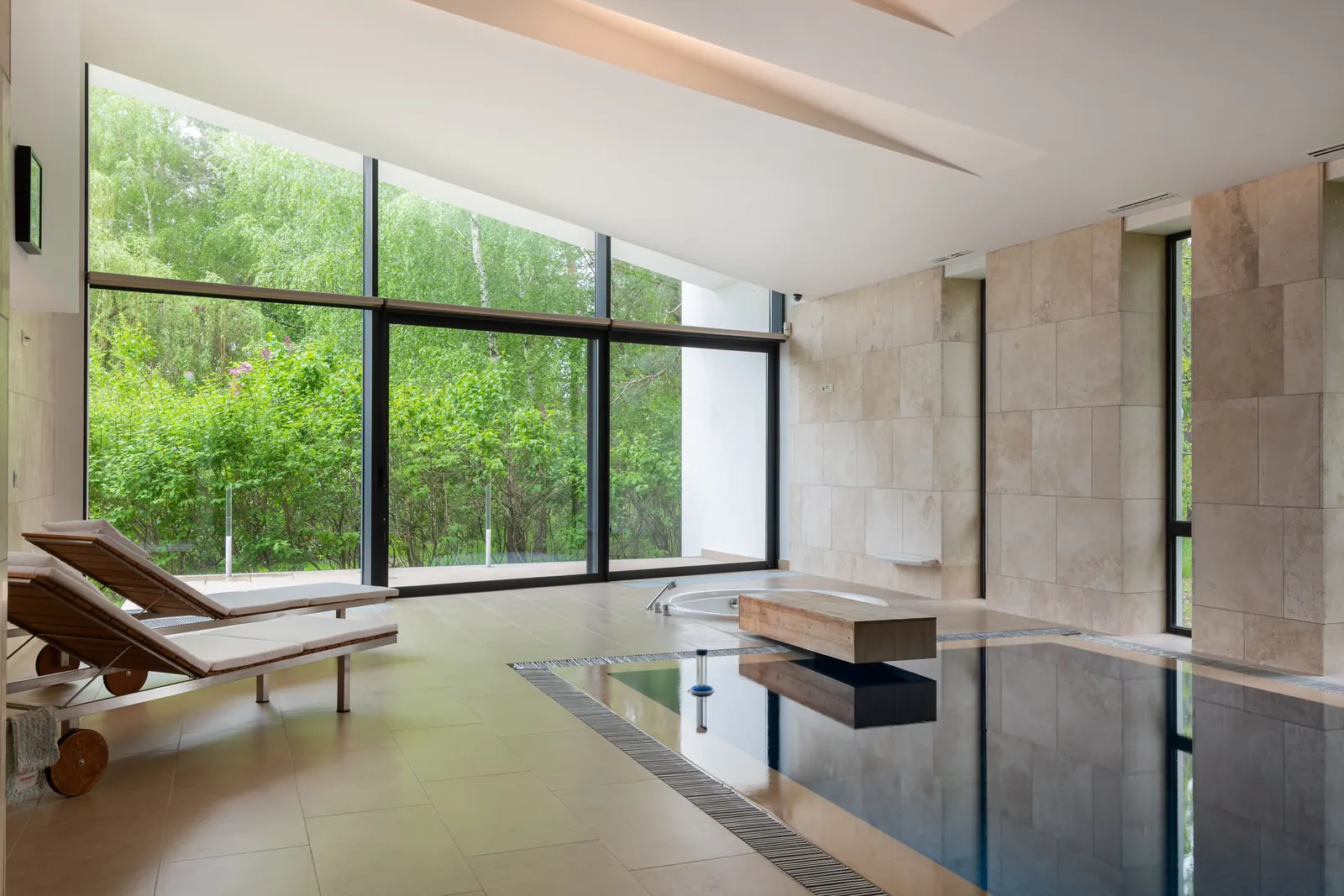 Travertine relaxation room with natural light
