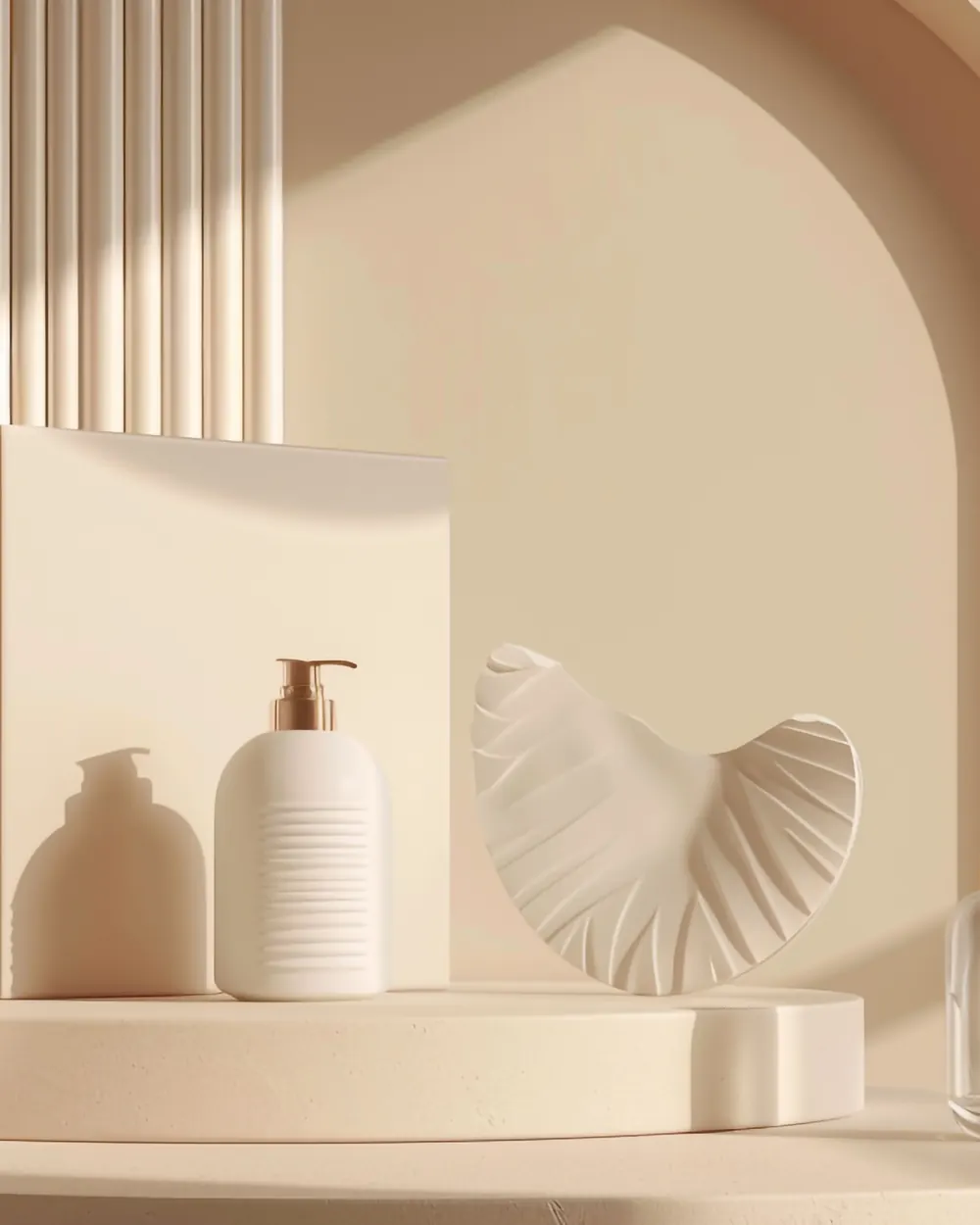 Skincare products on a cream stone arch